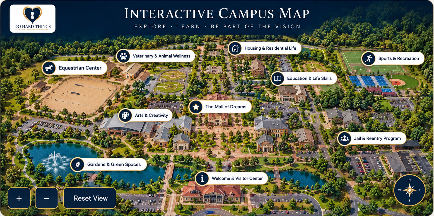 Conceptual campus master plan showing proposed housing, equestrian, education, gardens, recreation, and community spaces