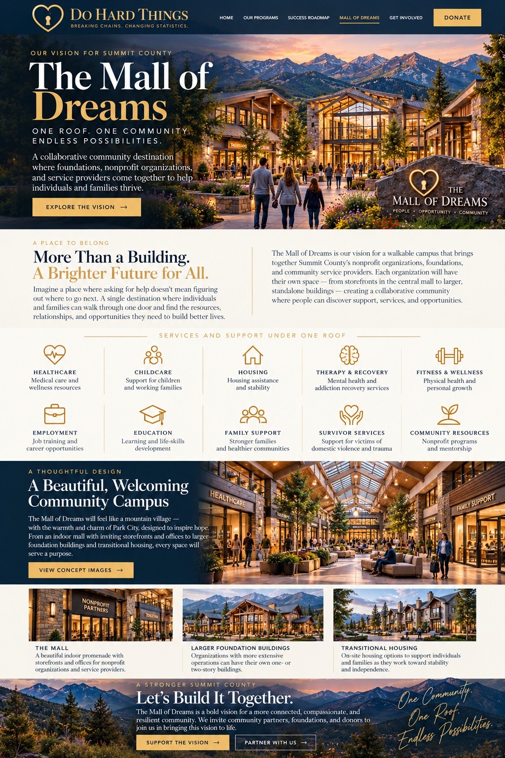 Full Mall of Dreams concept flyer with program services, buildings and community vision