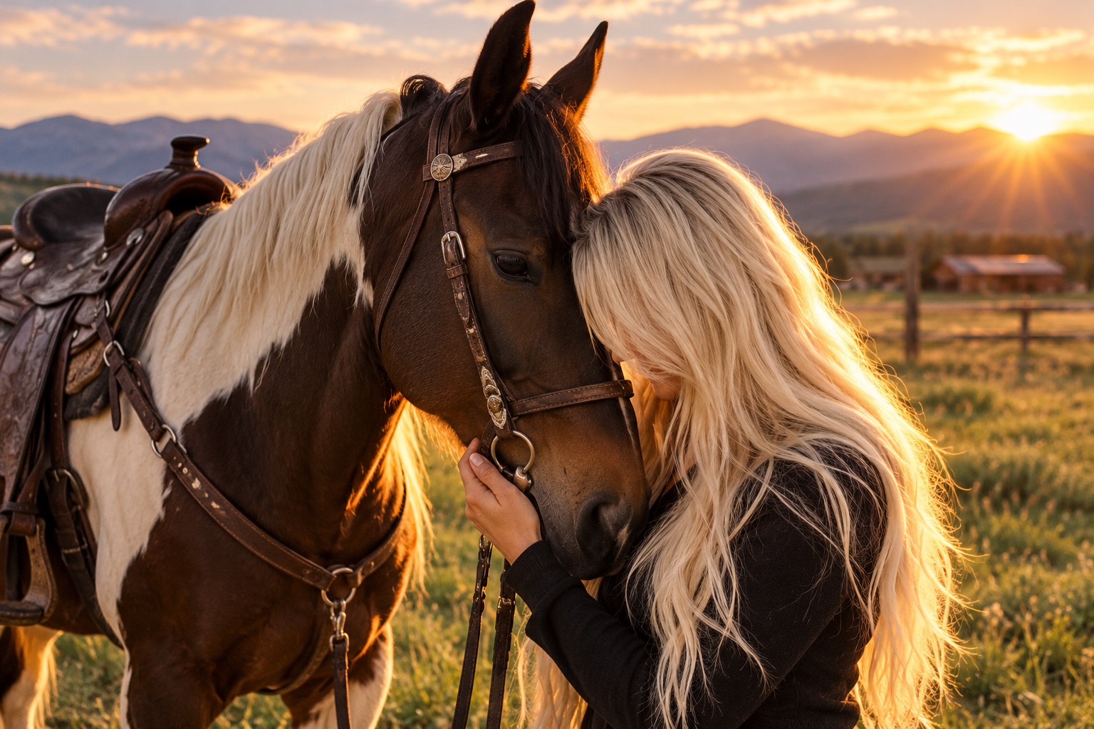 Terrah sharing a quiet moment with Romeo at sunset, her face turned into his mane